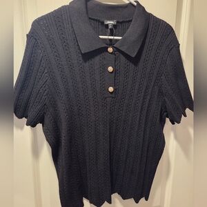 Black Knit Polo Top with Decorative Buttons